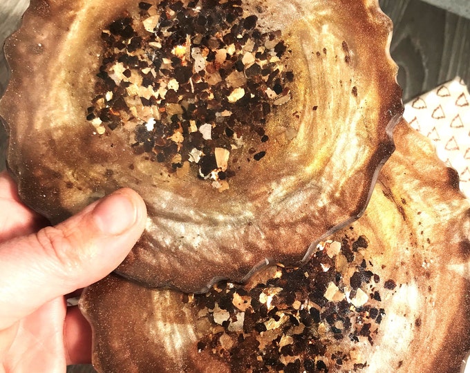 Rich Copper, Cream & Gold Agate Style Handmade Resin Coasters - Set of 2 with Gift Box