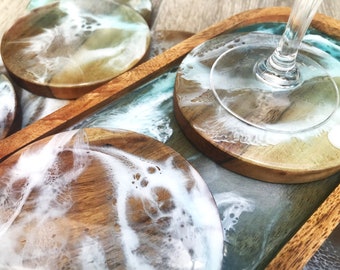 Ocean Art Coasters, Wood and Resin Surf Art, Beach Coaster Sets,