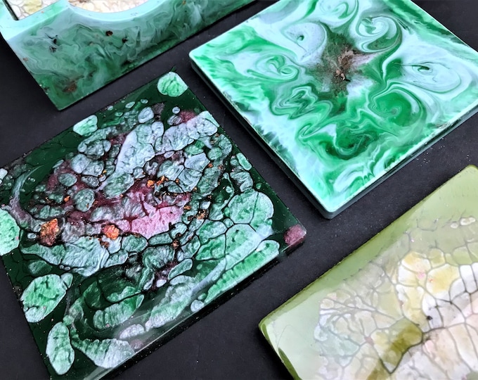 Rich Contemporary Square Coasters and Holder - Spring Hues of Greens & Pinks
