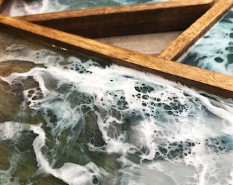 Resin Ocean Art Tray: Mango Wood Serving Platter, Beach Decor