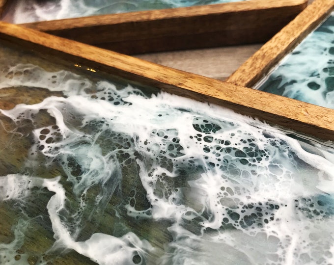 Resin Ocean Art Wooden Trays, Beautiful Resin Waves, Surf Art, Serving Platters, Beach Trinket Dish, Ocean Wall Art