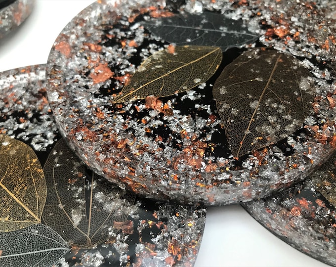 Resin Skeleton Leaf Coasters with Metal Leaf - set of 4 - with luxury box - perfect unusual gift