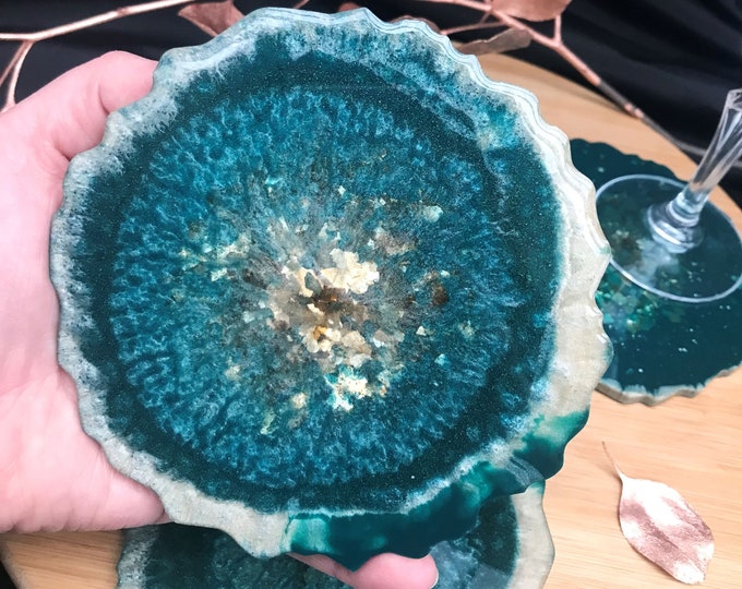 Rich Teal, Green & Gold Agate Style Handmade Resin Coasters - Set of 4, 6 or 8 with Gift Box