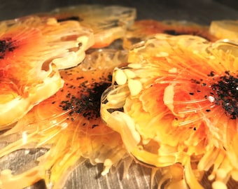 Orange & Yellow Resin Flower Coasters - set of 4, 6 or 8 with gift box