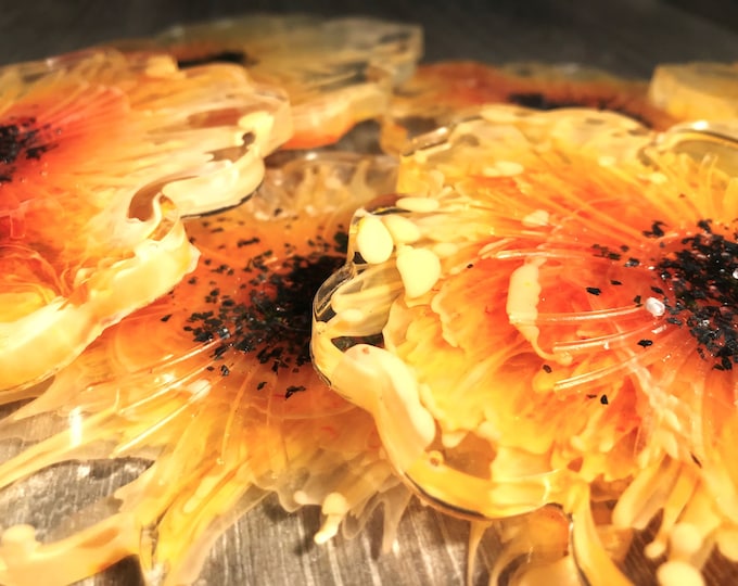 Orange & Yellow Resin Flower Coasters - set of 4, 6 or 8 with gift box