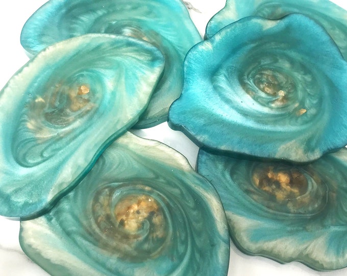 Teal, Aqua & Gold Irregular Shaped Coasters, Set of 4, 6 or 8 Agate Slice Style Resin Coasters, Handmade Resin Coasters
