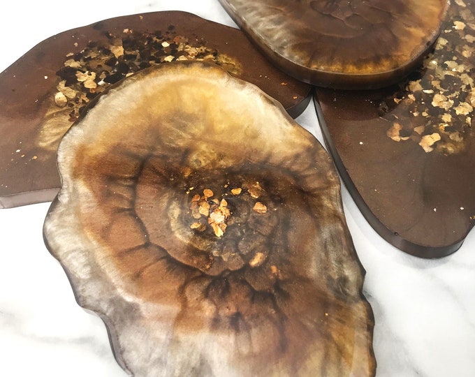Copper, Chocolate & Gold Irregular Shaped Coasters, Agate Slice Style Resin Coasters, Sets of 4, 6 or 8 Gift-Boxed