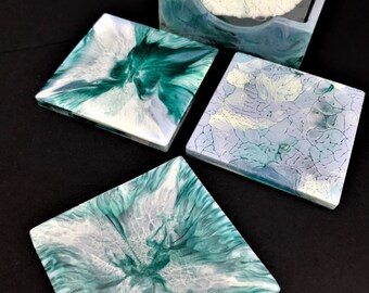 Rich Contemporary Square Coasters and Holder - Winter Hues of Blues & Greens