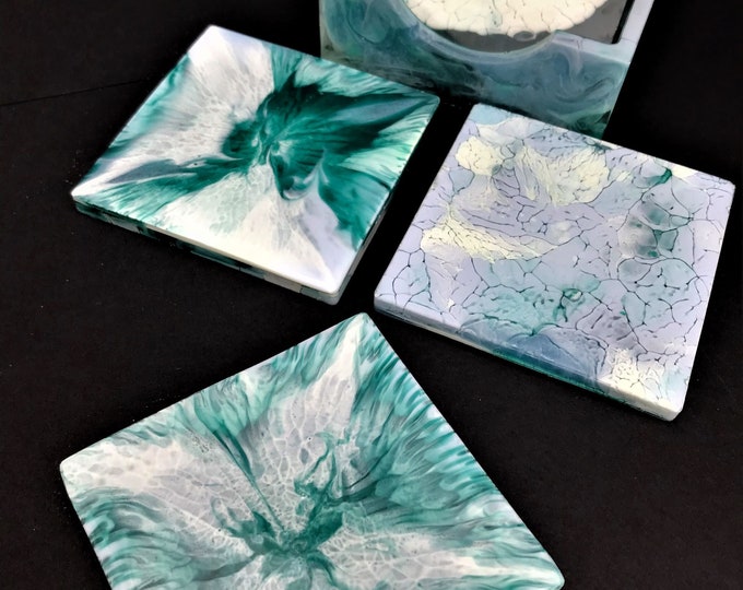 Rich Contemporary Square Coasters and Holder - Winter Hues of Blues & Greens