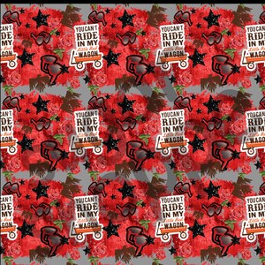 May include: A repeating pattern featuring red roses, black stars, and stylized coffee pots on a gray background. The phrase "YOU CAN'T RIDE IN MY LITTLE RED WAGON" is repeated throughout the design. The overall theme is a whimsical, vintage aesthetic.