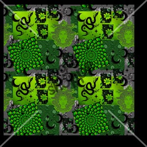 Peut inclure: Une illustration numérique présentant un motif répétitif d'éléments verts, noirs et blancs. Le motif comprend un serpent, un visage de femme, une lune croissante et un motif géométrique.