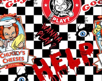 May include: A repeating pattern featuring Chucky from the Child's Play horror film series. The design includes the phrases "Wanna Play?" and "Help" in red, along with a checkered black and white background. Other graphics include a chef Chucky and the words "Sugar Shoppe".