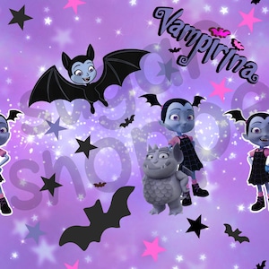 May include: A purple background with cartoon characters and the word "Vampirina". The image features a bat, stars, and characters from the animated series. The characters are in various poses.