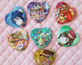 May include: Seven heart-shaped pins with colorful, sparkly backgrounds and illustrations of anime characters. Each pin features a different character with unique hairstyles and clothing.