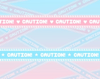 May include: A digital illustration of a pink and blue background with overlapping diagonal stripes that say "CAUTION!" in white text. Some stripes have hearts and some have stars.