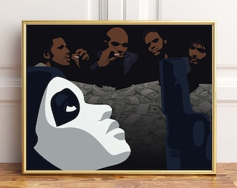 May include: A framed art print featuring a stylized illustration. The artwork depicts a face in profile with a black and white design, and a group of figures in the background. A large stack of money is also visible.