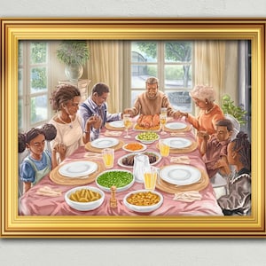 Family Eating Dinner, Restaurant Decor, Wall Art, Latin, African American, Thanksgiving decorcation, Praying family
