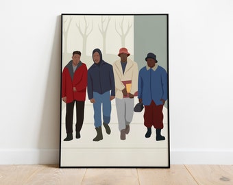 May include: Four men walking in a row, wearing winter jackets and hats. The man at the front is wearing a red jacket, the second man is wearing a blue jacket, the third man is wearing a white jacket and a red hat, and the last man is wearing a blue jacket and a black hat.