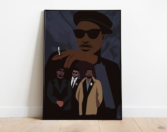 May include: A black and white illustration of four men wearing sunglasses and hats. The men are standing in front of a dark blue background. The man in the front is wearing a black hat and has a cigarette in his hand.