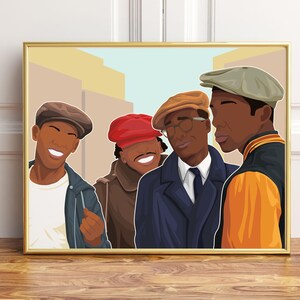 May include: Four men wearing hats stand together in a city setting. The man on the right is wearing a light brown hat, a blue jacket with an orange stripe, and a white shirt. The man in the center is wearing a dark blue jacket, a white shirt, and a dark blue tie. The man on the left is wearing a dark blue jacket, a white shirt, and a light brown hat. The man in the back is wearing a red hat and a brown jacket.