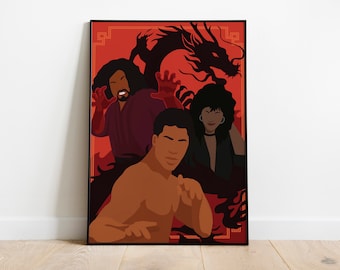 May include: A digital illustration of three people in front of a red background with a black dragon. The people are a man with a beard, a woman with long black hair, and a man with a bare chest. The illustration is framed in black.