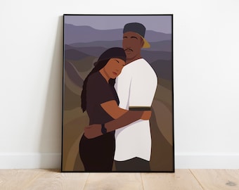 May include: A digital illustration of a couple embracing in front of a mountain landscape. The woman is wearing a black shirt and a black hat. The man is wearing a white shirt and a black and gold baseball cap. The background is a purple and brown gradient.