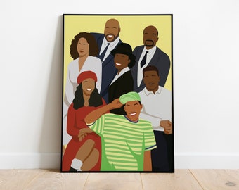 May include: A colorful illustration of the cast of the television show "The Fresh Prince of Bel-Air". The characters are depicted in a group pose, with Will Smith in the center wearing a green and white striped shirt and a green hat. The other characters are dressed in various colors, including red, blue, and black.
