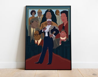 May include: A colorful illustration of a group of people, including a person wearing a crown and a leopard print shawl, standing on a red carpet in front of a cityscape. The illustration is framed in black.