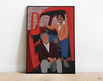May include: Two people, one with gray hair, are sitting in a red truck. The person with gray hair is wearing a brown jacket and gray pants. The other person is wearing a brown jacket and blue jeans. The truck is parked in front of a brick wall.