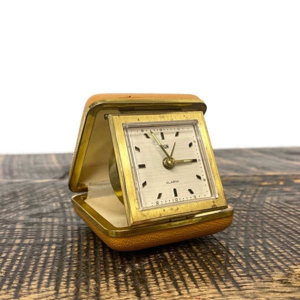 Vintage Elgin Germany Tri-fold Wind-up Alarm Clock, Glow in the Dark Hands, Tan Faux Leather Clamshell Case with Brass Trim