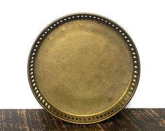 Vintage Pierced Brass Round Trinket Dish, Pillar Candle Holder, Tea Light Tray, Men's Valet, Business Card Holder, Rustic Home Decor