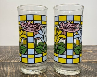 Vintage Dr Pepper Set of 2 Tall Drinking Glasses 14 fl oz Stained Glass Flowers