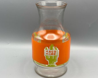Vintage Taco Time Glass Carafe Orange Band Yellow Cactus Logo Pitcher Rare HTF