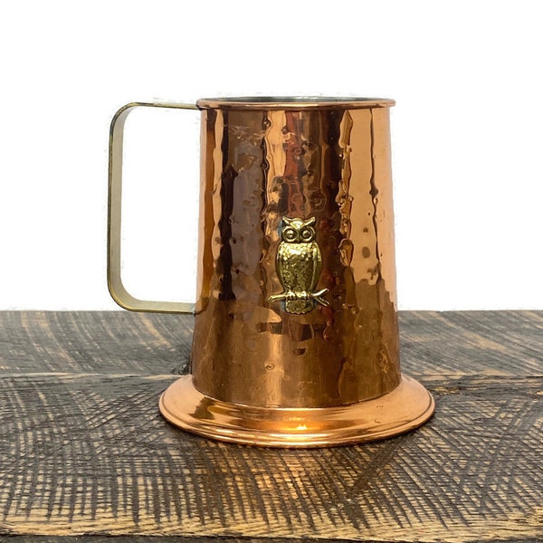 Vintage Hammered Copper & Brass Owl Accent Stein Mug, Colony Metalsmiths of Virginia, Made in Denbigh, Lodge Style, Retro Metal Housewares