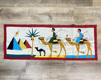 Egyptian Revival Great Pyramids Patchwork Linen Tapestry Hand Stitched 47x17 in.