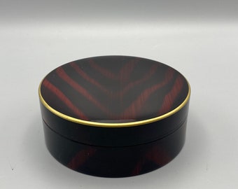 Vintage Otagiri Limited Edition Dark Mahogany Wood Grain Enamel Round Black Lacquerware Trinket Box, Coin Dish, Jewelry Holder, Candy Dish