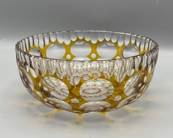 Vintage Bohemian Lead Crystal 7" Bowl, Amber Cut to Clear, Thousand Eyes Design, Optical Glass, Gold Tone, Mid Century Modern MCM Decor