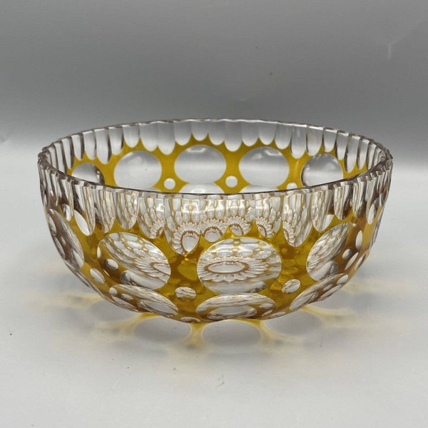 Vintage Bohemian Lead Crystal 7" Bowl, Amber Cut to Clear, Thousand Eyes Design, Optical Glass, Gold Tone, Mid Century Modern MCM Decor