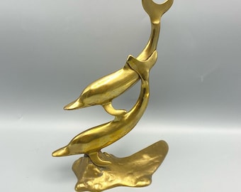 Vintage Solid Cast Brass Dolphin Statue 10" Tall Dolphins Swimming Michelle's Sticker - made in India