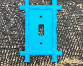 Refurbished Boho Teal Blue Metal Bamboo Design Single Light Switch Cover Plate Eclectic Cottagecore Vintage Bathroom Electrical Decor