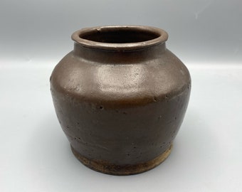 Antique Primitive Earthenware Brown Glazed Pot Rustic Clay Ceramic Vessel Lodge Cabin Decor Vase