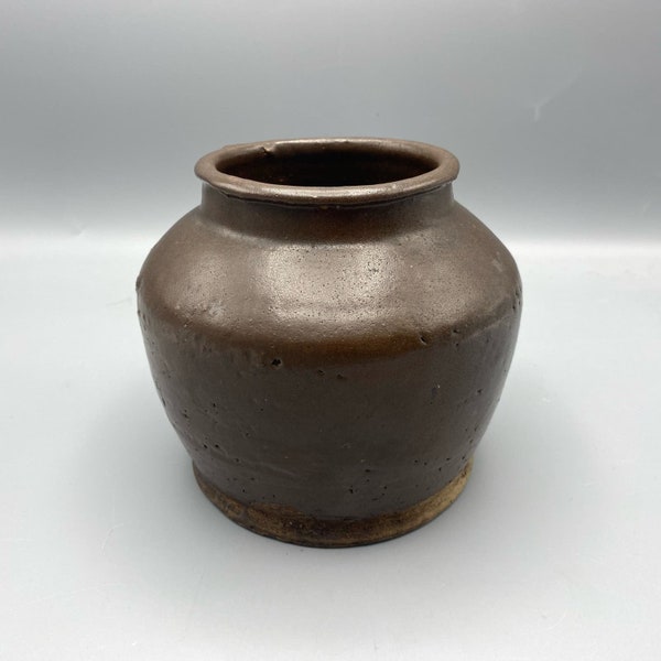 Antique Primitive Earthenware Brown Glazed Pot Rustic Clay Ceramic Vessel Lodge Cabin Decor Vase