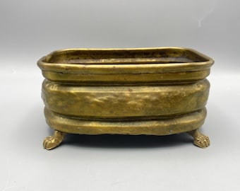 Antique Rustic Hammered Brass Footed Planter Tub Centerpiece Decorative Pot Tray