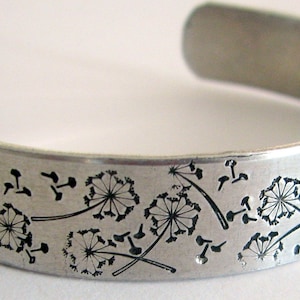 Dandelion bracelet. Hand-stamped aluminum cuff bracelet
