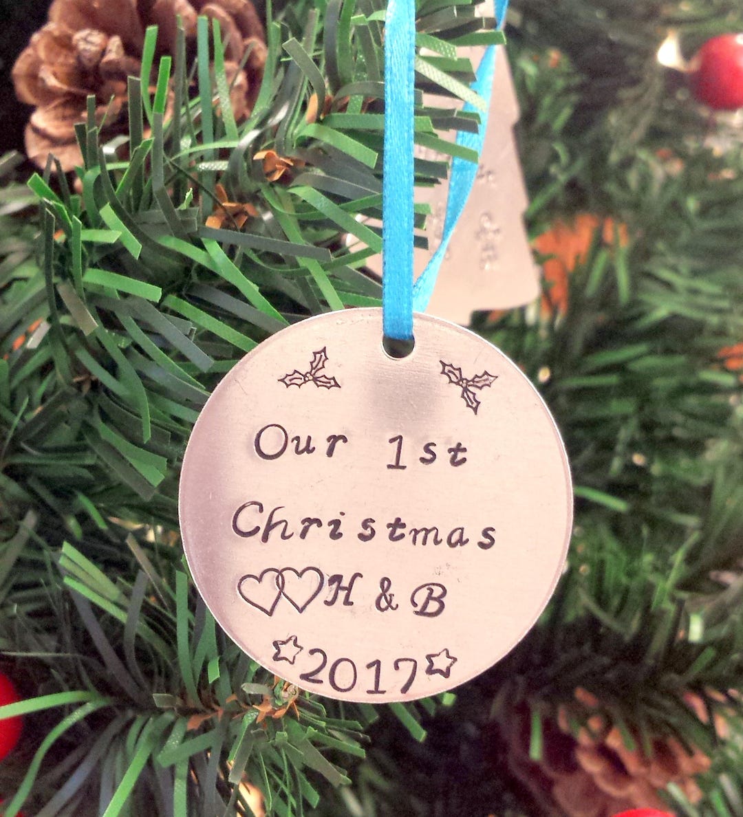 Our First Christmas Photo Ornament With Custom Wood Tag