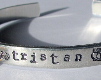 Personalized hand-stamped aluminum cuff bracelet with birthstone crystal charm