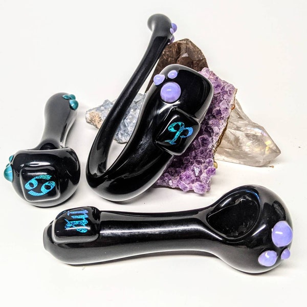 Custom Pipe, Astrology Glyphs, Zodiac Sign, Turquoise, Purple, Pretty Glitter Pipes, Sherlock Or Spoon