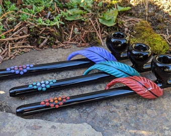 Glass Pipe, Long Ceremonial Feather,  Custom Colors