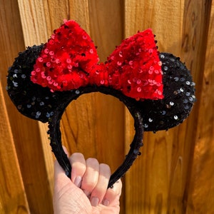 Black and Red Sequin Velvet Ears, Classic Minnie Ears, Disney Inspired Mouse Ears