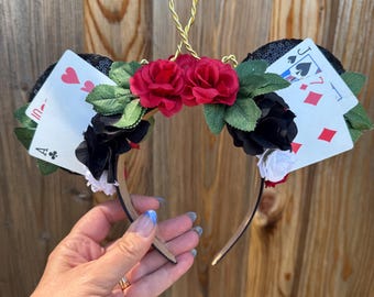 Queen of Hearts Inspired Ears, Alice in Wonderland,  Mouse Ears, Floral and Wire